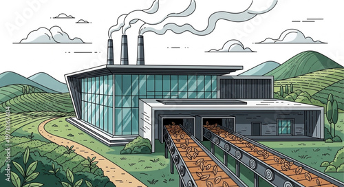 Modern industrial factory building with smoking chimneys and trucks delivering raw materials.
