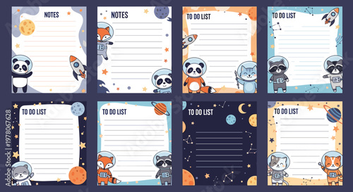 Space-themed note cards and to-do lists featuring cute animal astronauts like pandas, cats, foxes, and raccoons on various backgrounds.