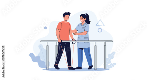 Male patient undergoes physical therapy and rehabilitation using parallel bars with the assistance of a professional medical nurse.