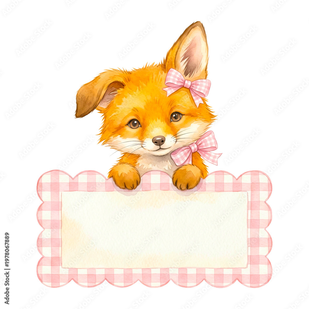 Fototapeta premium Watercolor fox with bows holds blank sign