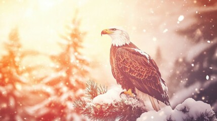 Bald Eagle Perched on Snowy Pine Branch