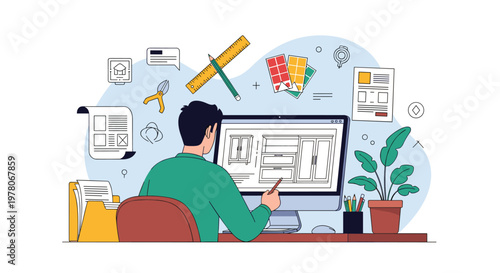Creative interior designer working on furniture layout and floor plans using a computer with floating icons of architectural design tools.