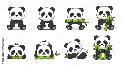 Collection of cute cartoon panda bears in various poses with green bamboo stalks