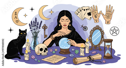 Mysterious fortune teller woman sitting at a table with a crystal ball, tarot cards, skull, candles, and a black cat in a magical setting.