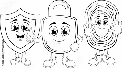 Cartoon shield lock and password icons with smiling faces and thumbs up