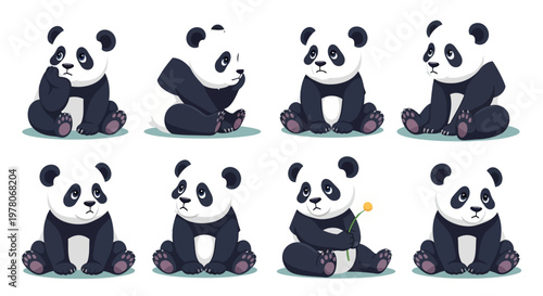 Set of cute panda bear characters sitting in various poses and displaying different facial expressions