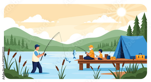 Three generations of a family including a grandfather, father, and young son fishing together at a scenic lake during a camping trip.