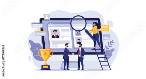 Human resources and recruitment concept with people reviewing professional candidate profiles on a giant screen and celebrating success.