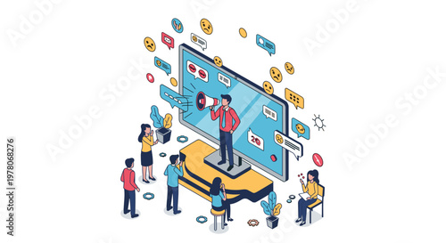 Public speaker holding a megaphone and addressing a group of people through a giant digital computer screen in an isometric design.