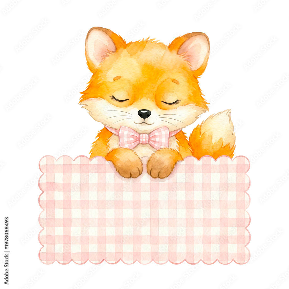 Fototapeta premium Watercolor fox with bow tie holds pink checkered sign