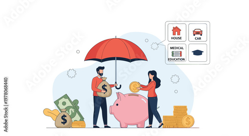 Financial insurance and savings concept with a couple putting coins into a giant piggy bank protected by a large red umbrella.