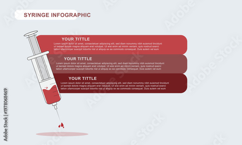 Modern healthcare infographic featuring a syringe with red liquid, symbolizing vaccination, medical treatment, and patient care. Clean minimal design suitable for health awareness