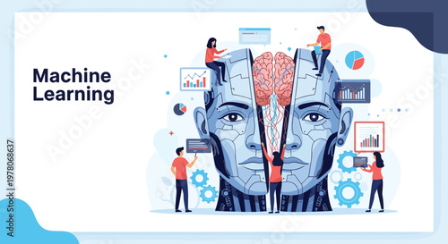 Machine learning and artificial intelligence concept with a team of technicians analyzing data and working on a giant robotic brain.