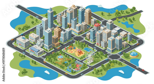 Detailed isometric map of a modern city featuring skyscrapers, residential buildings, roads, parks, and a central amusement park.