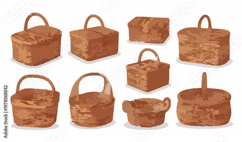 Wicker picnic basket set vector flat cartoon illustration