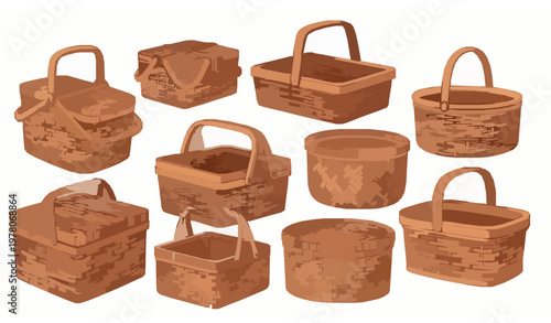 Wicker baskets vector set picnic hampers flat illustration