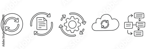 doodle workflow and automation icons, hand-drawn vector collection, including sync arrows, document flow, gear automation, cloud synchronization, process tracking, and productivity tools, modern tech 