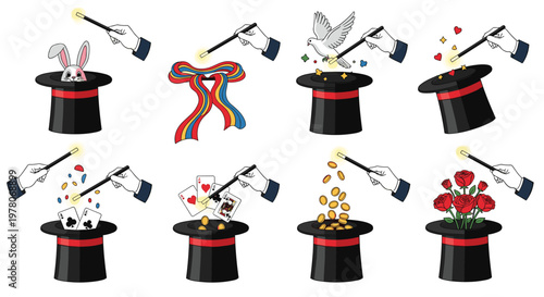 Diverse collection of magic trick illustrations featuring a magician's top hat, wand, rabbit, dove, cards, coins, and flowers.