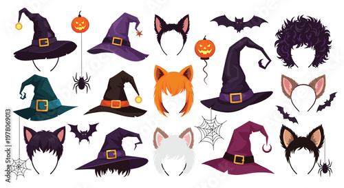 Large collection of Halloween costume elements including witch hats, cat ears, spooky wigs, pumpkins, bats, and spiders.