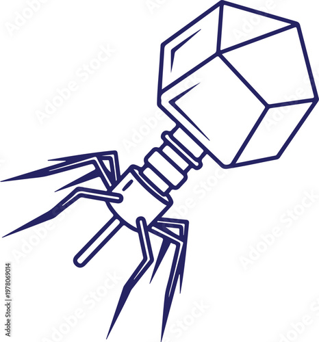 Bacteriophage virus structure with geometric head and tail fibers representing scientific research biology