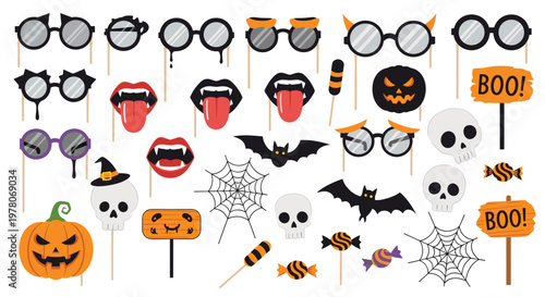 Fun set of Halloween photo booth props featuring spooky glasses, vampire teeth, pumpkins, bats, skulls, and boo signs.