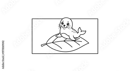 Cute Cartoon Seal Sitting on a Leaf, Vector Illustration