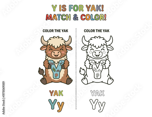 Yak alphabet match and color worksheet for kids with cute letter y character illustration.