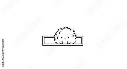 Cute Fluffy Character Peeking Over a Rectangle Border, Minimalist Kawaii Doodle Art