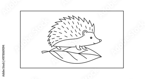 Cute Hedgehog on Leaf Outline Drawing, Autumn Season Icon