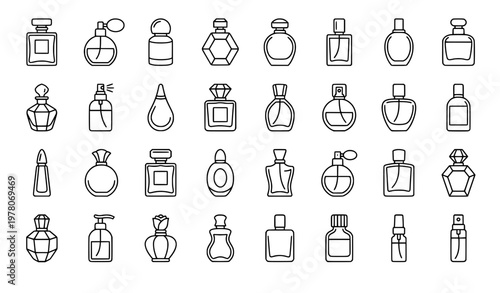 Perfume bottle line art icon set with luxury fragrance containers and cosmetic packaging symbols