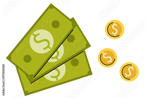 Cash money and coins illustration, dollar bills stack, finance and payment concept, flat vector banking icon isolated on white background