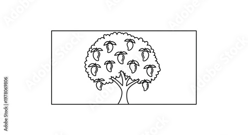 Black and White Mango Tree with Ripe Fruits, Vector Illustration