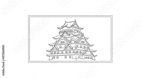 Black and White Sketch of a Traditional Japanese Castle
