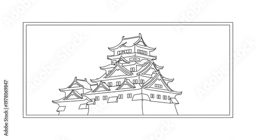 Black and White Sketch of a Japanese Castle with Multi-tiered Roofs