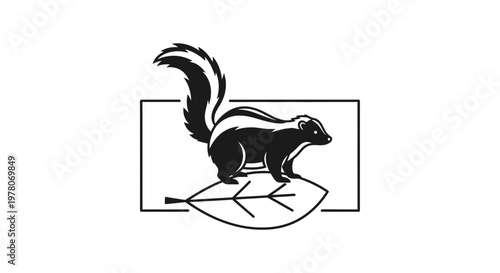 Black and White Skunk Silhouette on Leaf Icon, Vector Illustration