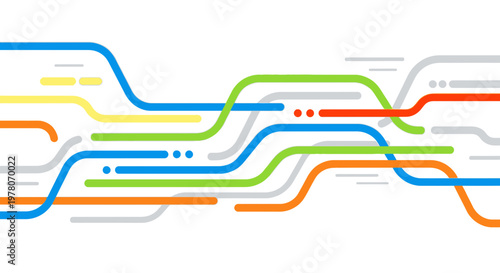 Colorful Abstract Wavy Lines and Dots on White Background, Dynamic Flow