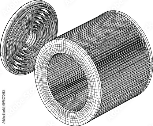 Industrial cylindrical filter element wireframe model with detailed internal mesh structure for airflow filtration and engineering visualization