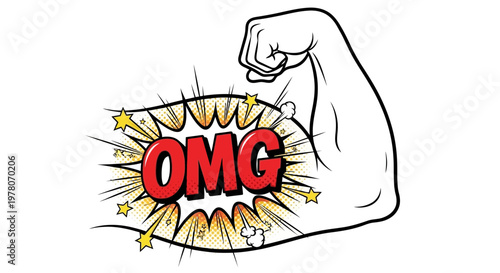 Comic Book Style Arm Flexing with "OMG" Burst - Strength, Surprise, Power