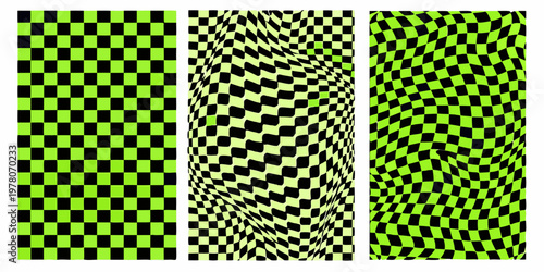 Three vertically oriented panels showcasing distorted checkered patterns