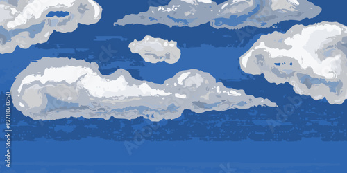A vibrant illustration of fluffy white clouds against a deep blue sky
