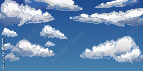 A vibrant blue sky filled with fluffy white stylized clouds