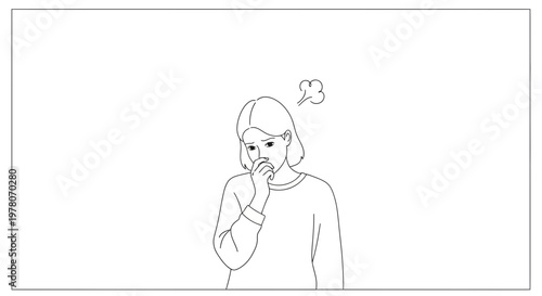 Woman holding nose, disgusted expression, steam coming from head, line art illustration