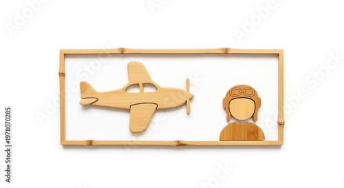 Wooden Airplane and Pilot Silhouette in Bamboo Frame
