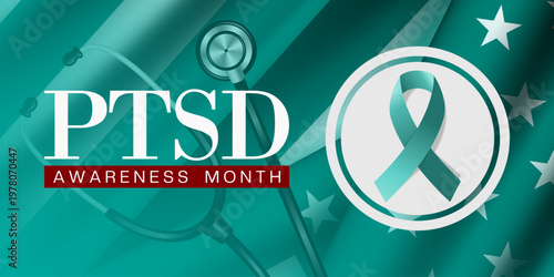 National Ptsd Awareness Month.  Ribbon, American flag and stethoscope. Great for posters, banners, social media and more. Green background.