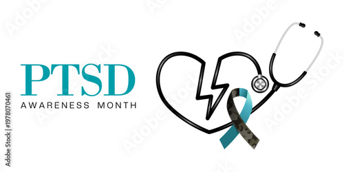 National Ptsd Awareness Month.  Ribbon and stethoscope. Great for posters, banners, social media and more. White background.