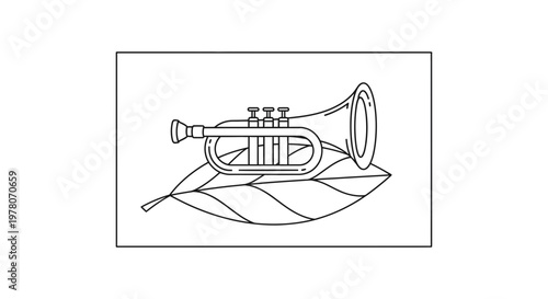 Vintage Trumpet Resting on Autumn Leaf - Musical Instrument and Nature Symbol