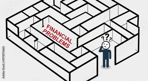 Confused person in maze with "Financial Problems" sign, symbolizing business challenges and solutions.