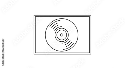 Vintage Vinyl Record Icon in Rectangle Frame, Retro Music Symbol, Simple Outline Graphic