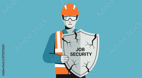 Construction worker with cracked job security shield, safety concept