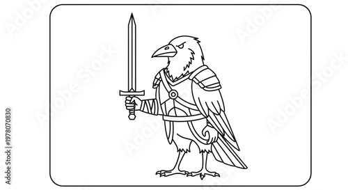 Warrior Raven Holding Sword, Medieval Bird Knight, Fantasy Creature, Line Art